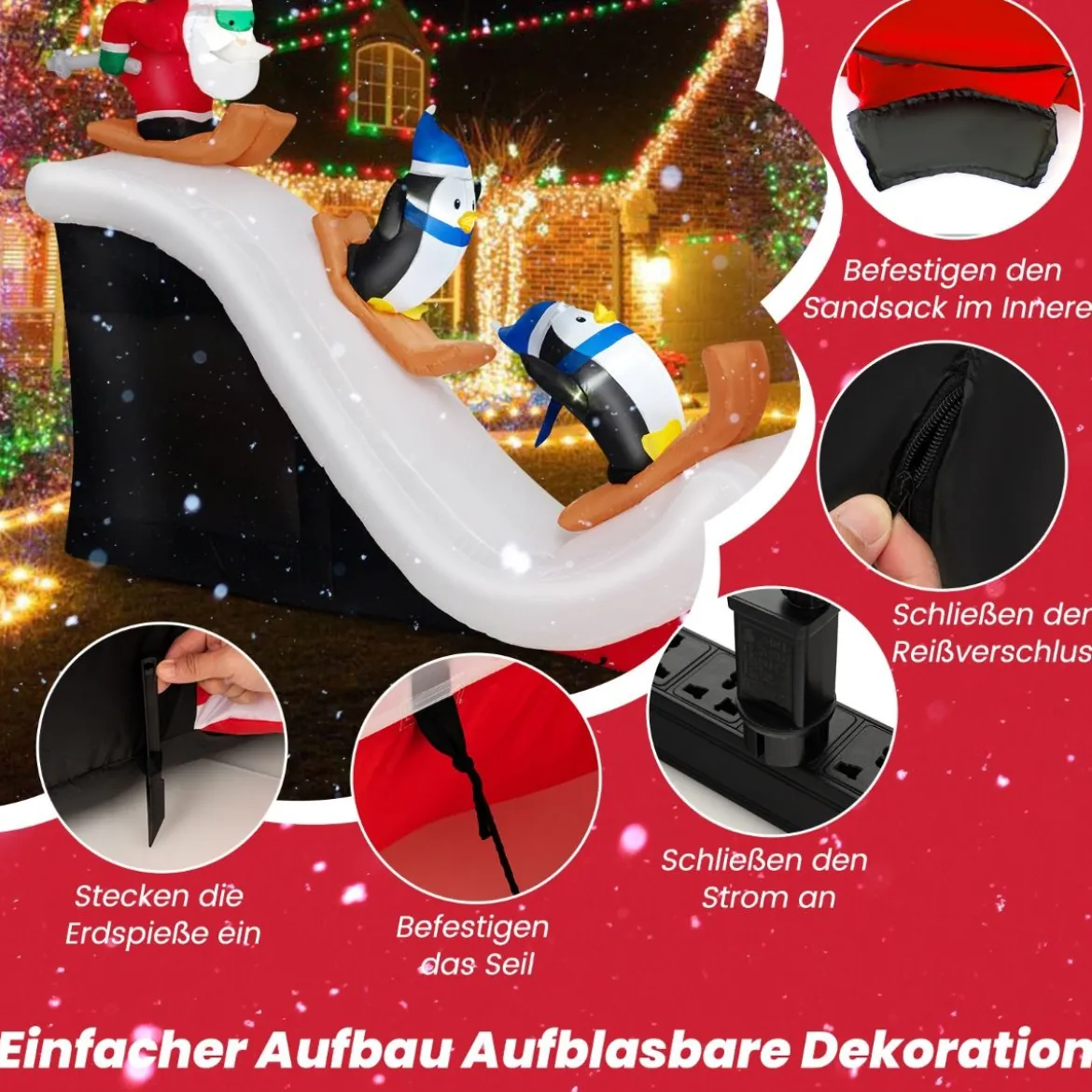 Aufblasbare Deko Weihnachten Weihnachtsmann & Pinguinen 280 x 70 x 220 cm Weiß + Rot