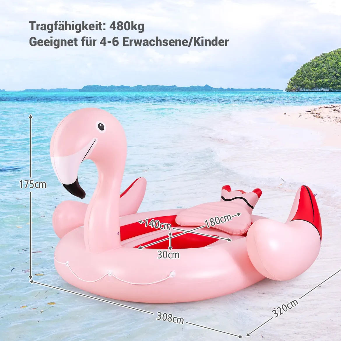 Aufblasbare Flamingo-Schwimminsel Riesen Badeinsel mit Schwimmring Luftpumpe 308 x 320 x 175 cm Rosa