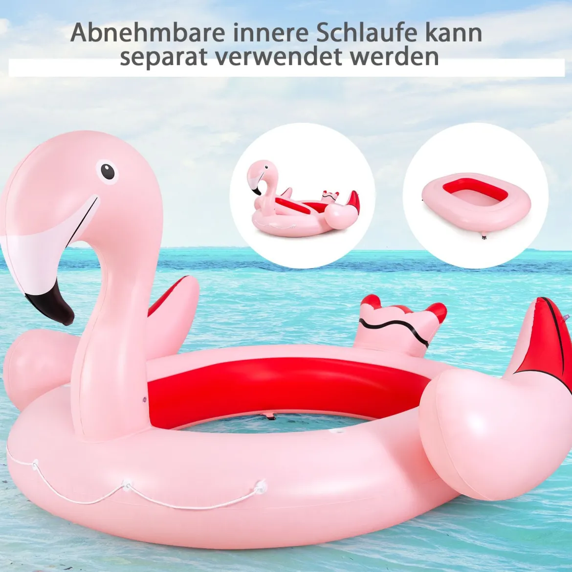 Aufblasbare Flamingo-Schwimminsel Riesen Badeinsel mit Schwimmring Luftpumpe 308 x 320 x 175 cm Rosa