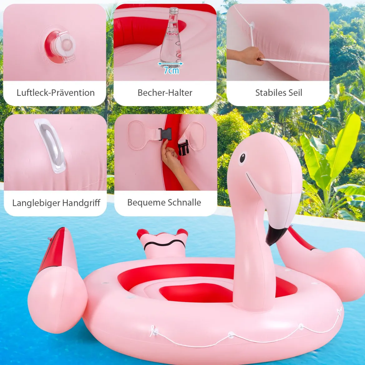 Aufblasbare Flamingo-Schwimminsel Riesen Badeinsel mit Schwimmring Luftpumpe 308 x 320 x 175 cm Rosa