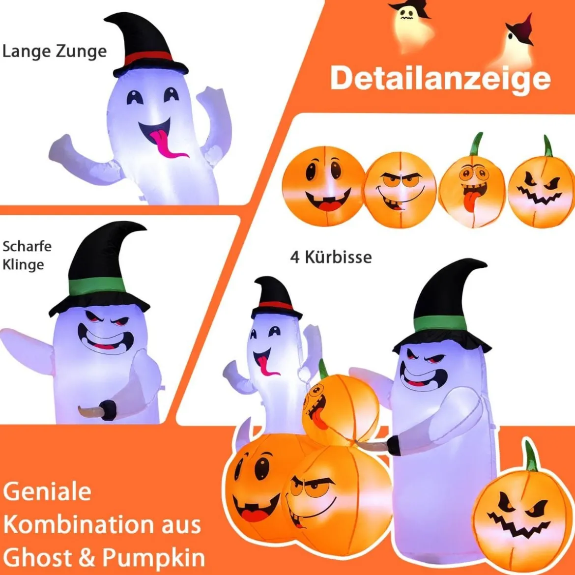 Aufblasbare Halloween-Dekoration Kürbisse & 2 Geister mit LED-Leuchten 170 x 70 x 125 cm