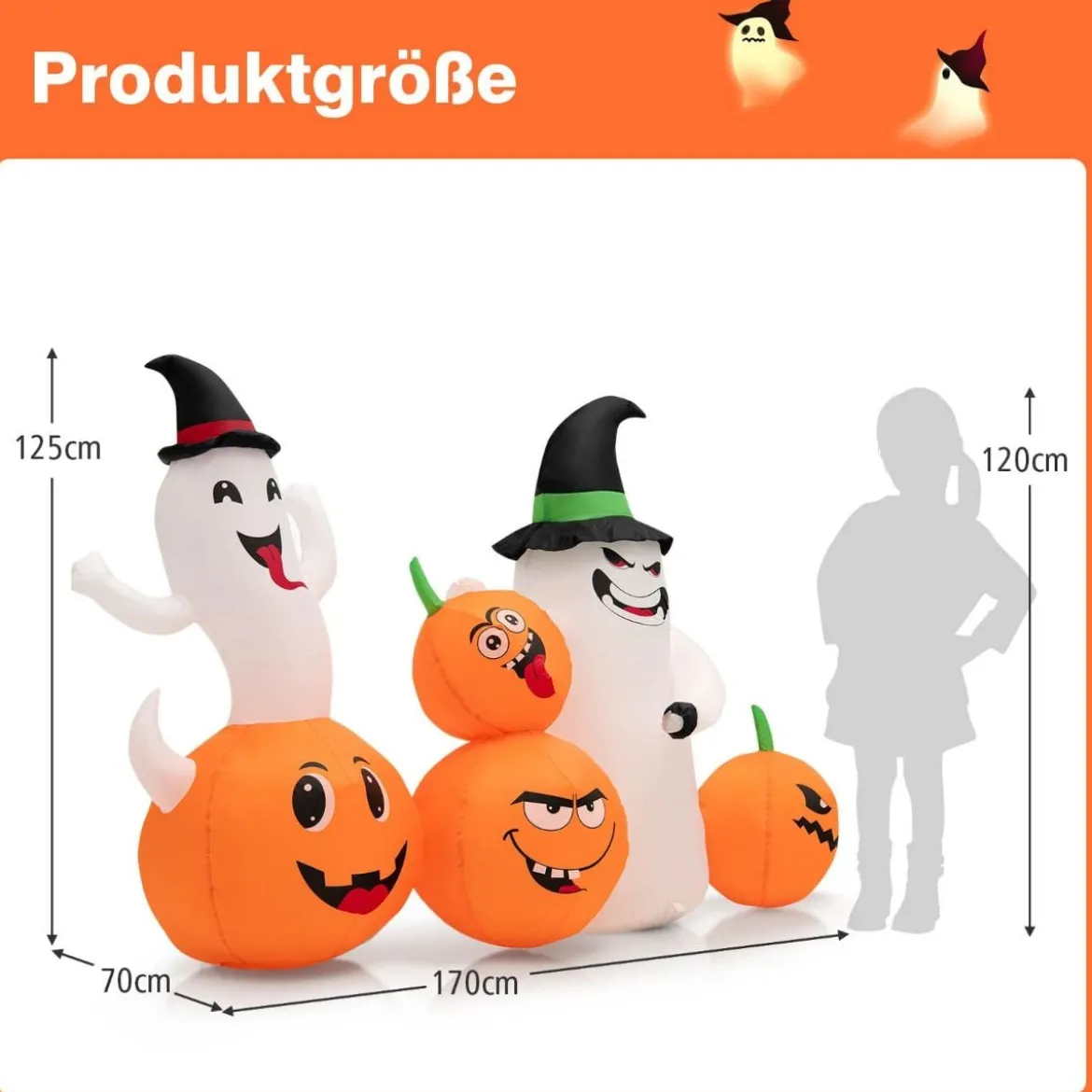 Aufblasbare Halloween-Dekoration Kürbisse & 2 Geister mit LED-Leuchten 170 x 70 x 125 cm