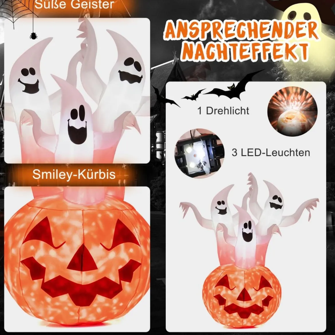 Aufblasbare Halloweengeister mit Kürbis für Garten 175 cm Weiß + Orange