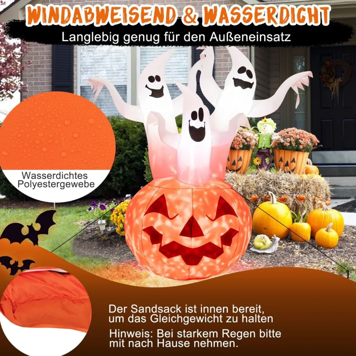 Aufblasbare Halloweengeister mit Kürbis für Garten 175 cm Weiß + Orange
