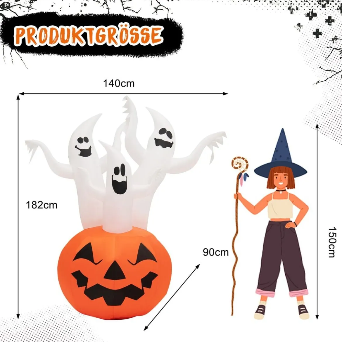 Aufblasbare Halloweengeister mit Kürbis für Garten 175 cm Weiß + Orange