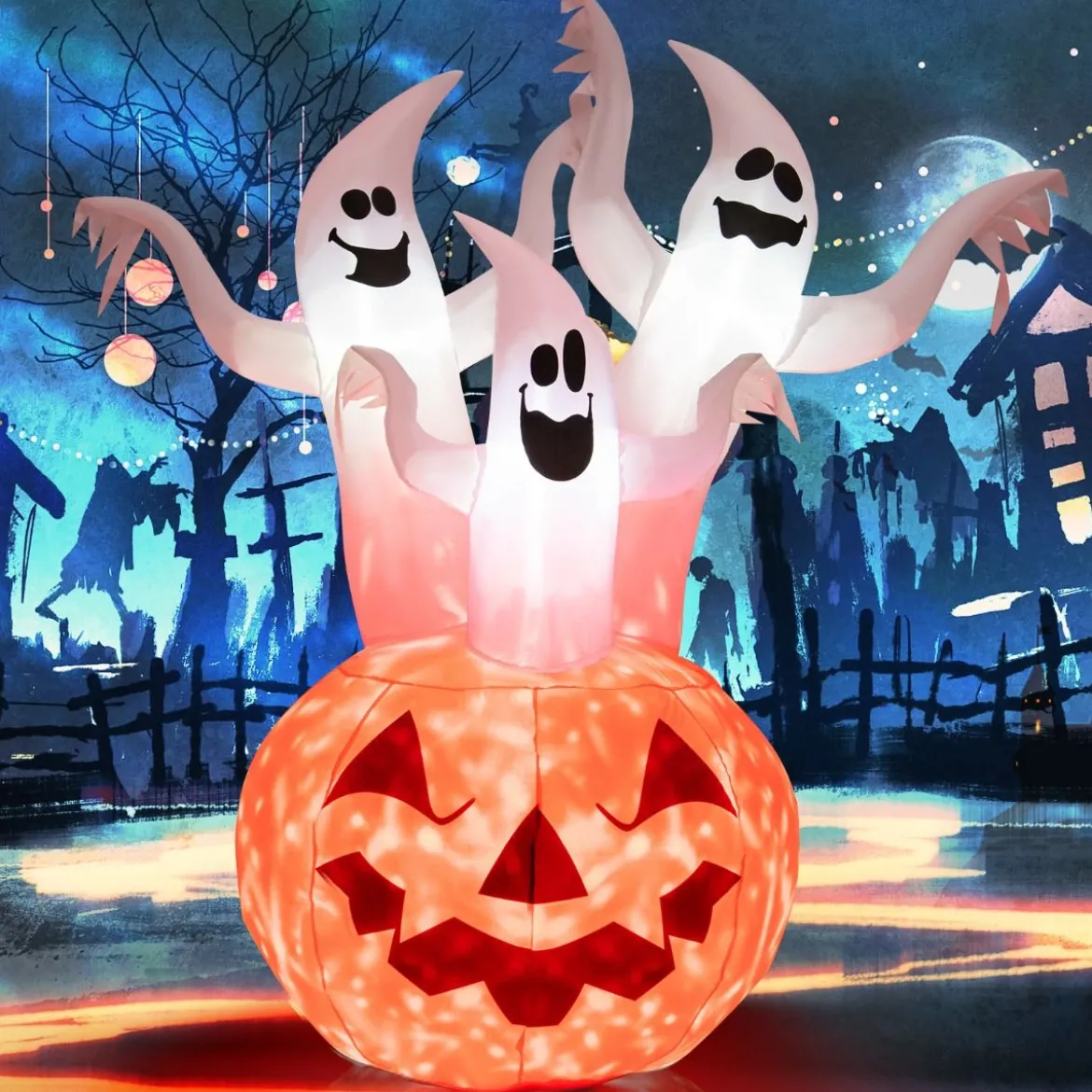 Aufblasbare Halloweengeister mit Kürbis für Garten 175 cm Weiß + Orange