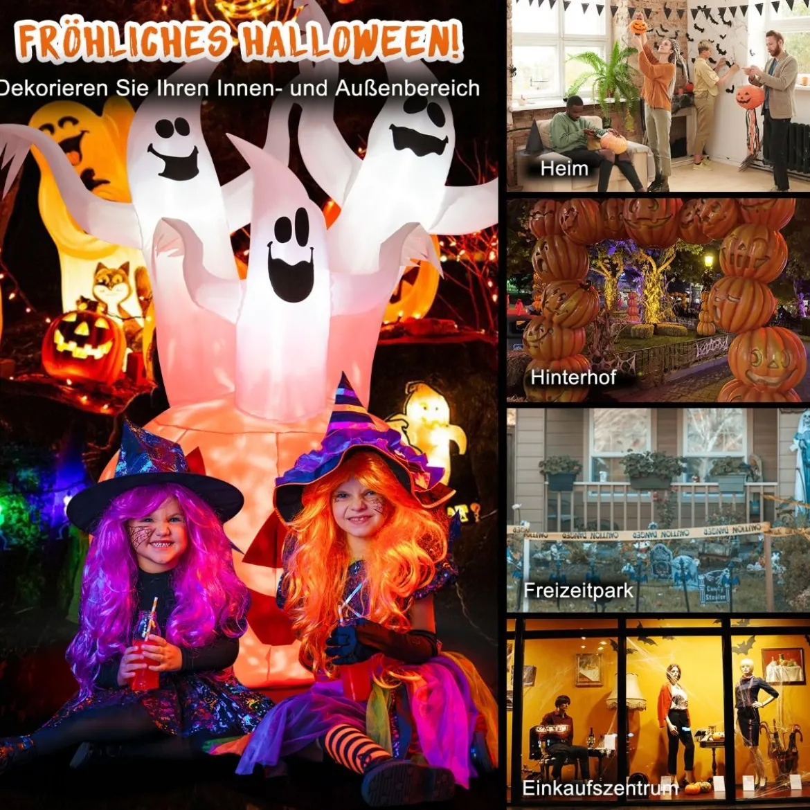Aufblasbare Halloweengeister mit Kürbis für Garten 175 cm Weiß + Orange