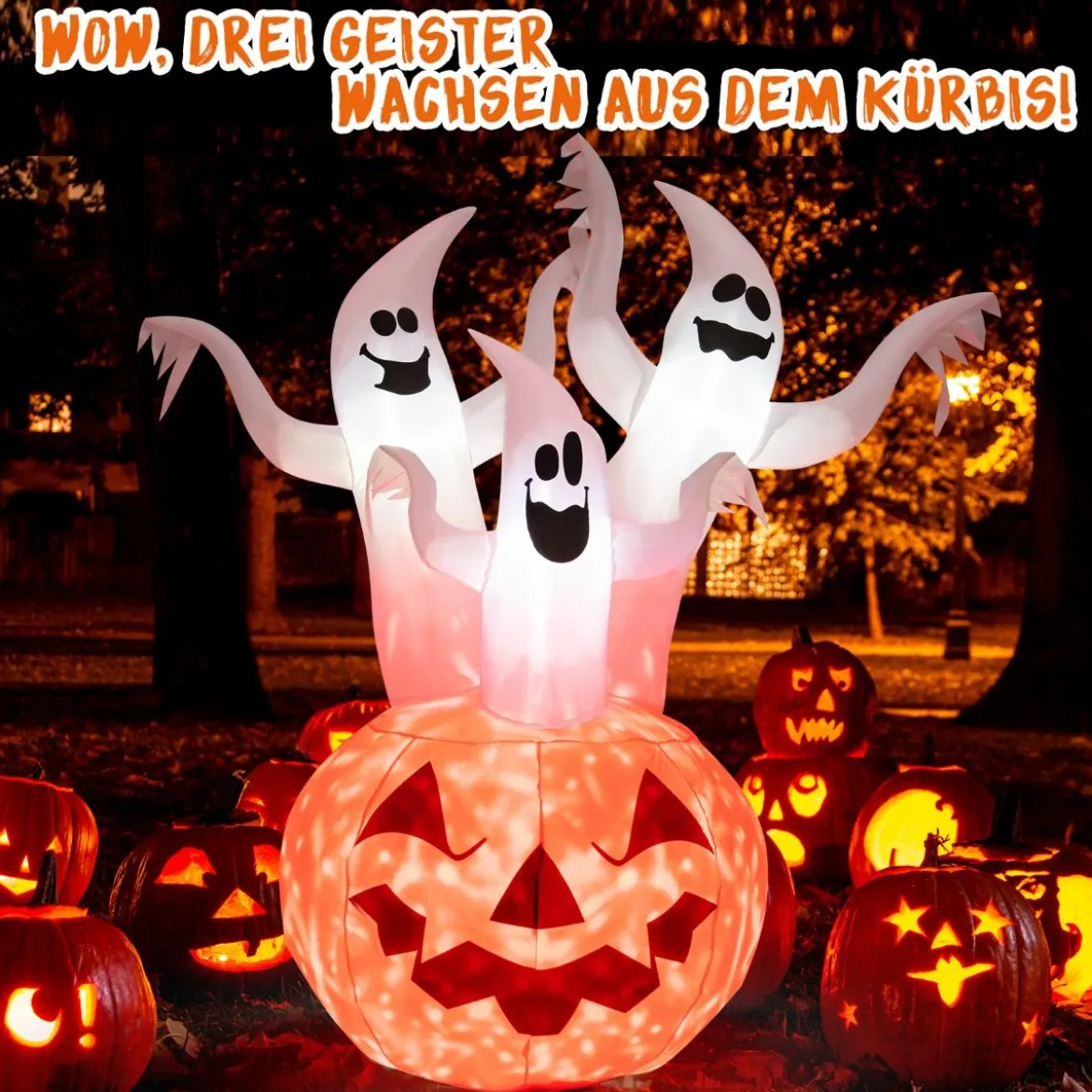 Aufblasbare Halloweengeister mit Kürbis für Garten 175 cm Weiß + Orange