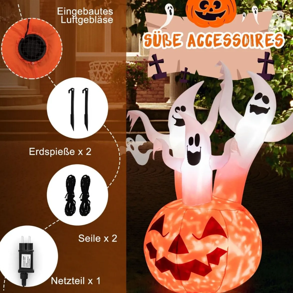 Aufblasbare Halloweengeister mit Kürbis für Garten 175 cm Weiß + Orange