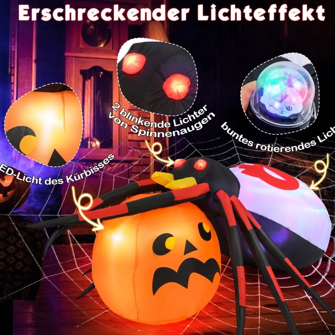 Aufblasbare Halloween Spinne mit Kürbis & Rotierendem LED-Lichter Gruselige Spinnendekoration