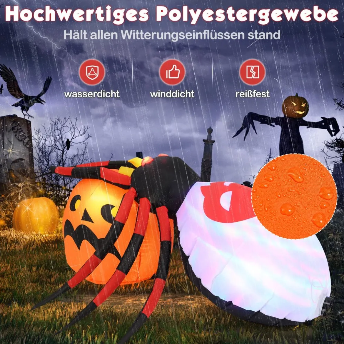 Aufblasbare Halloween Spinne mit Kürbis & Rotierendem LED-Lichter Gruselige Spinnendekoration