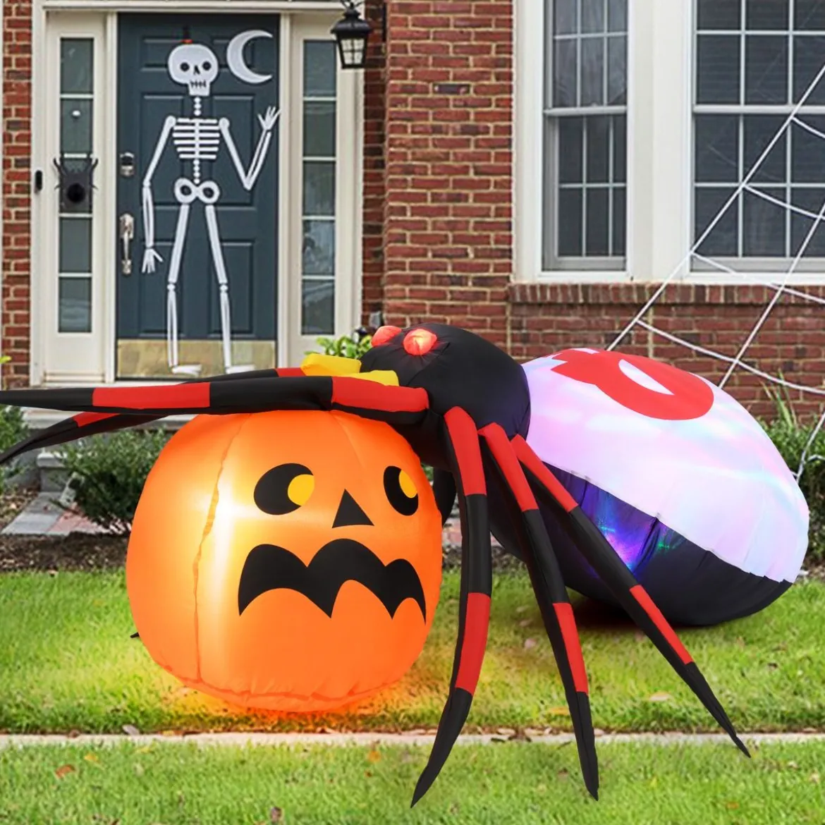 Aufblasbare Halloween Spinne mit Kürbis & Rotierendem LED-Lichter Gruselige Spinnendekoration