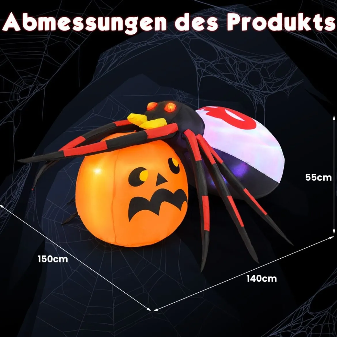 Aufblasbare Halloween Spinne mit Kürbis & Rotierendem LED-Lichter Gruselige Spinnendekoration
