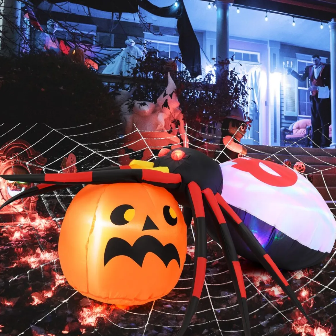 Aufblasbare Halloween Spinne mit Kürbis & Rotierendem LED-Lichter Gruselige Spinnendekoration