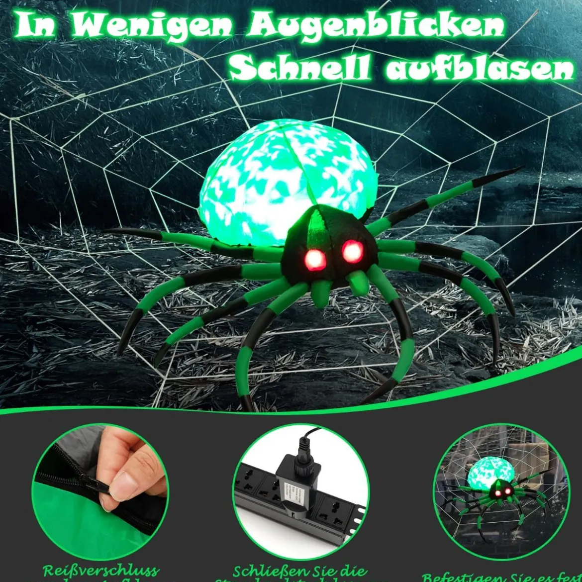 Aufblasbare Halloween-Spinne mit Spinnennetz Spinne mit Rotierendem LED-Licht