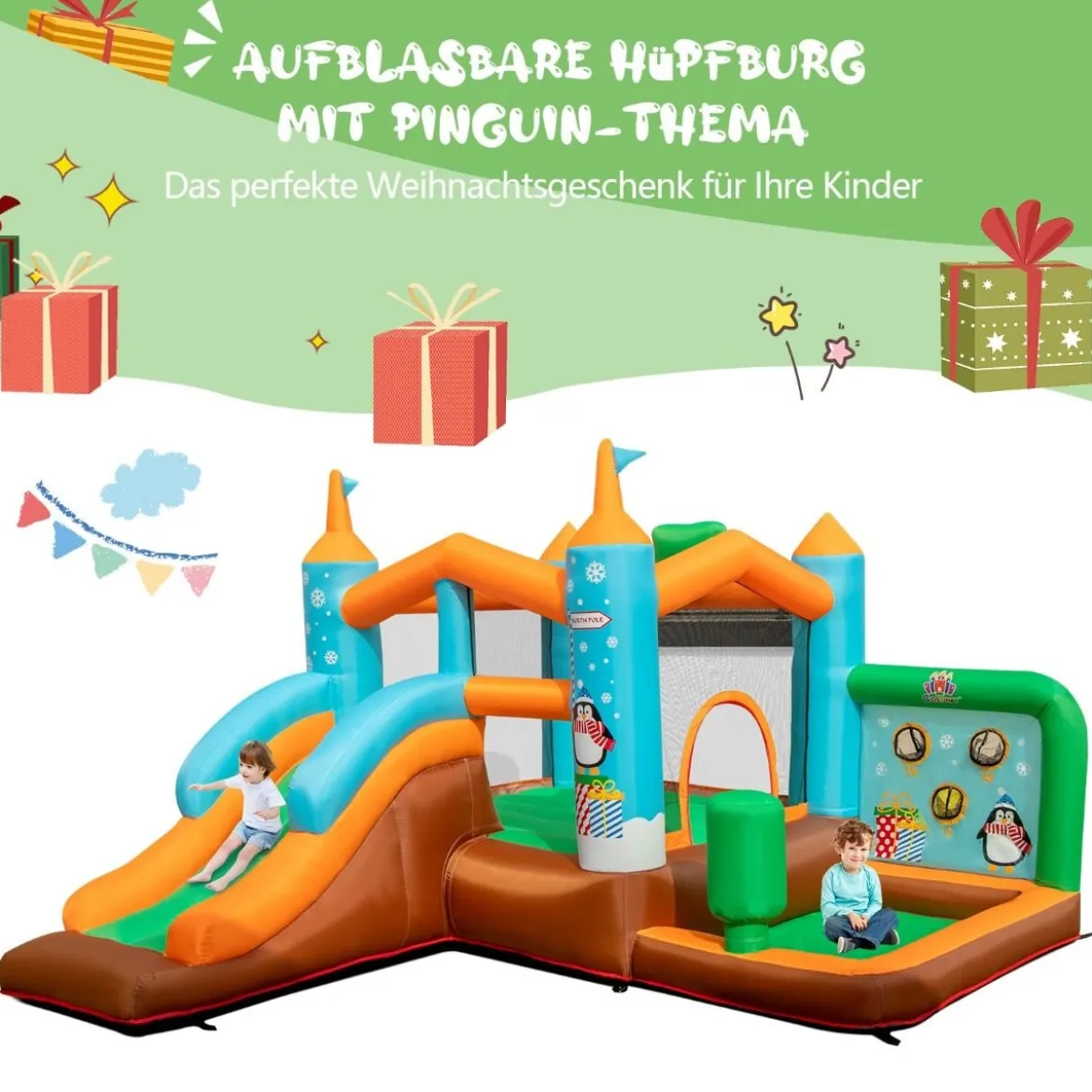 Aufblasbare Hüpfburg Aufblasbares Schloss mit Pinguinmotiven (ohne Gebläse)