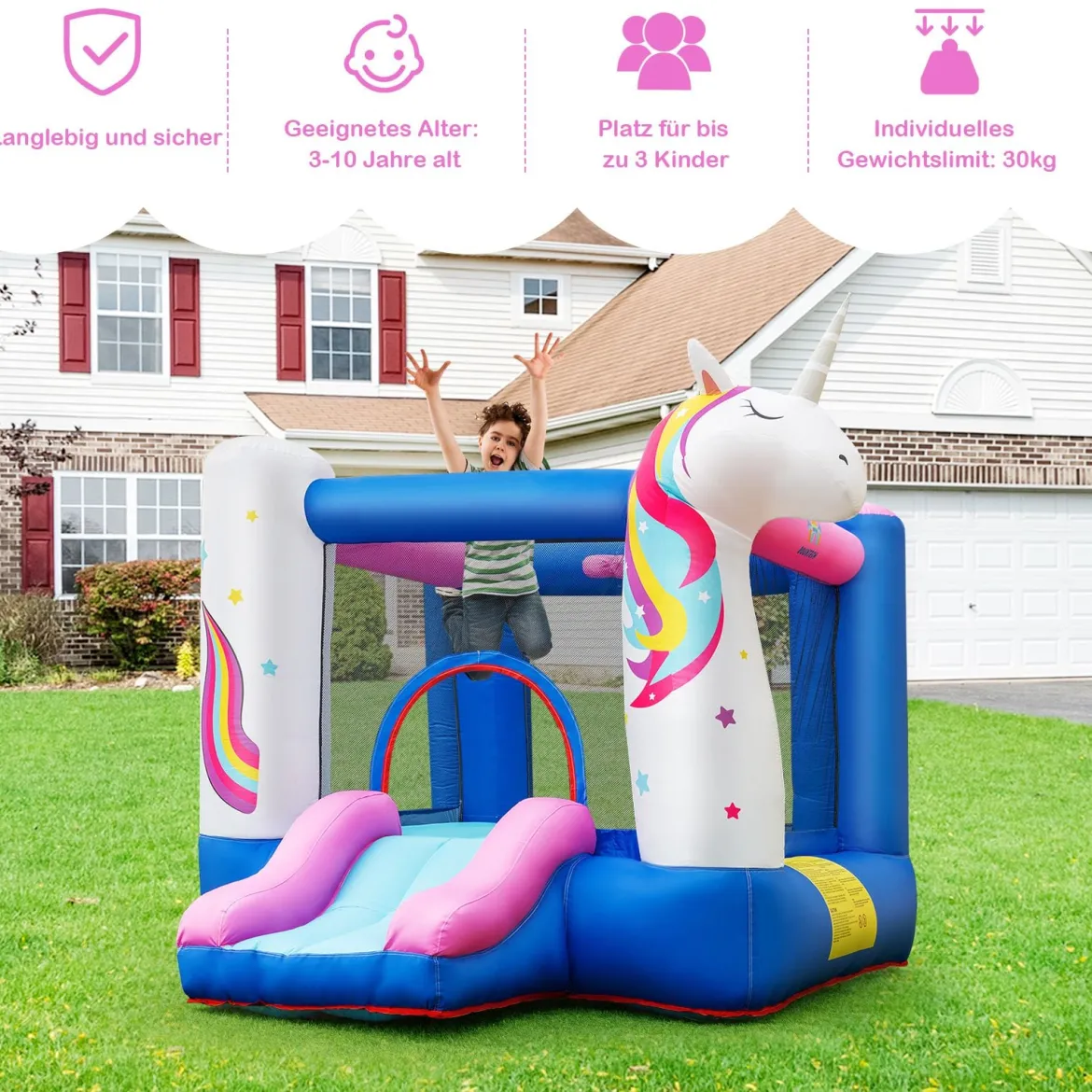 Aufblasbare Hüpfburg Einhorn mit Rutsche Kinder Spielburg 270 x 200 x 196 cm Bunt