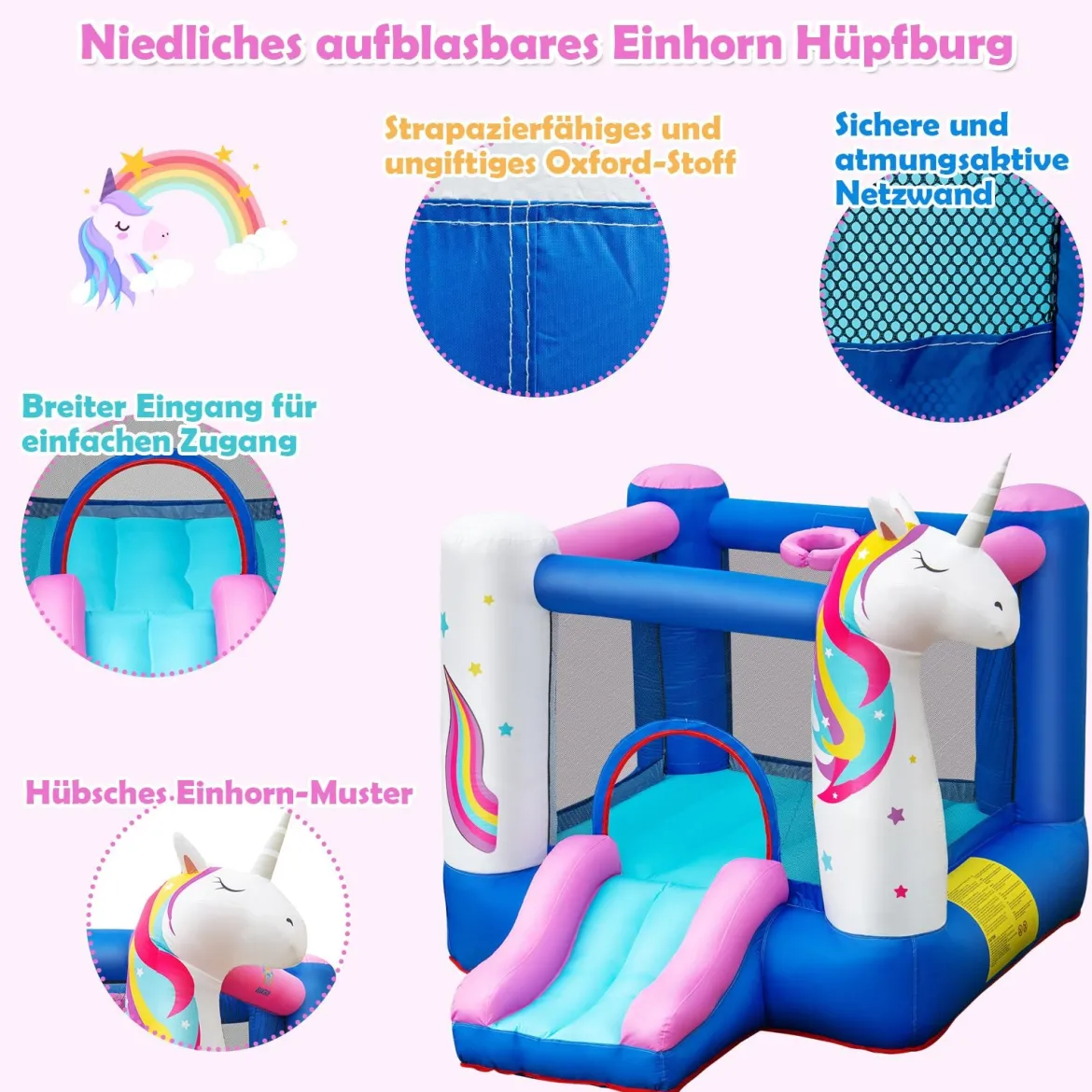 Aufblasbare Hüpfburg Einhorn mit Rutsche Kinder Spielburg 270 x 200 x 196 cm Bunt