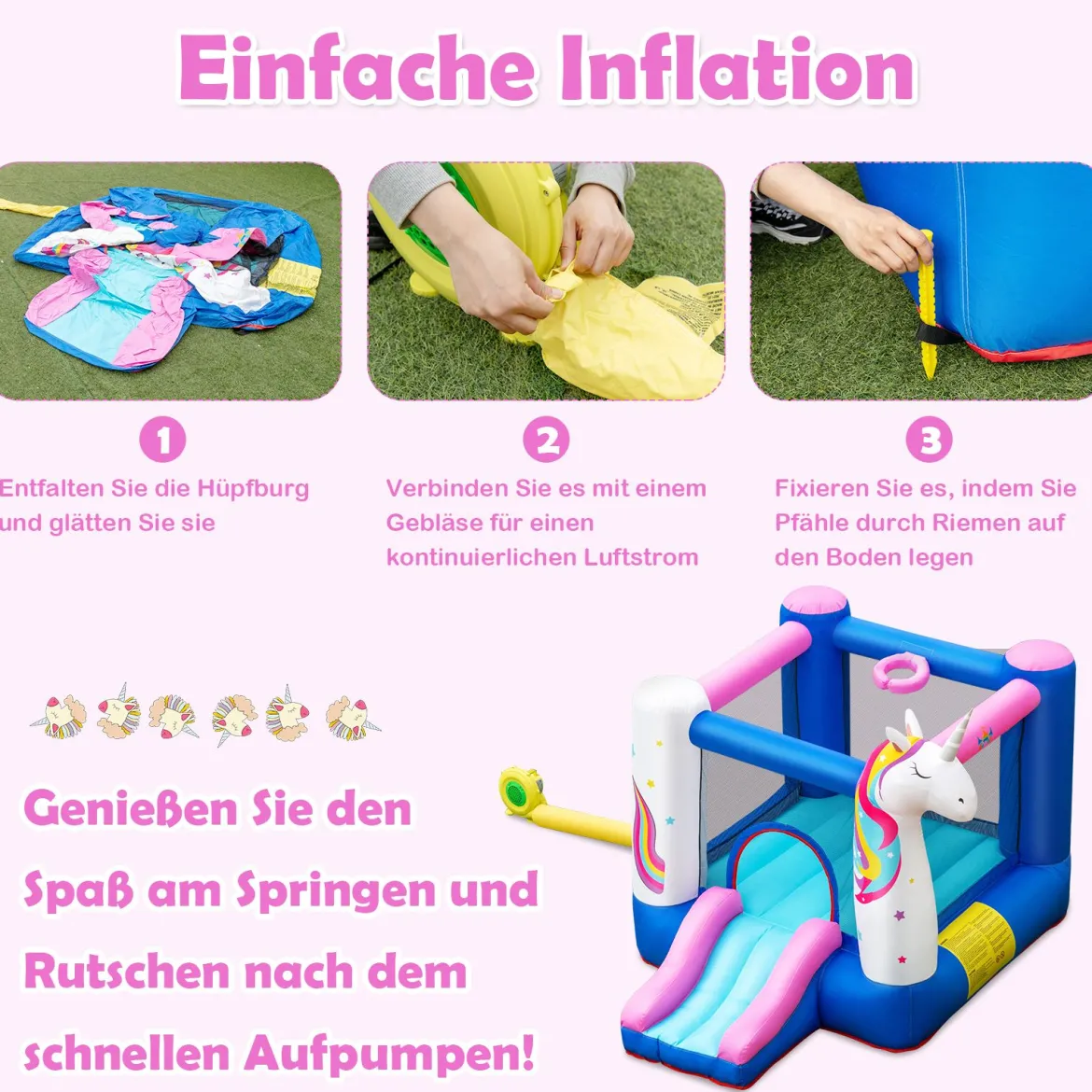 Aufblasbare Hüpfburg Einhorn mit Rutsche Kinder Spielburg 270 x 200 x 196 cm Bunt