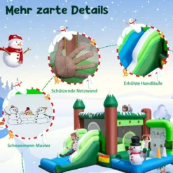 Aufblasbare Hüpfburg für Kinder mit Rutsche Bällebad Basketballkorb & Wurflöchern Spielparadies im Wintermotiv mit 735-W-Luftgebläse