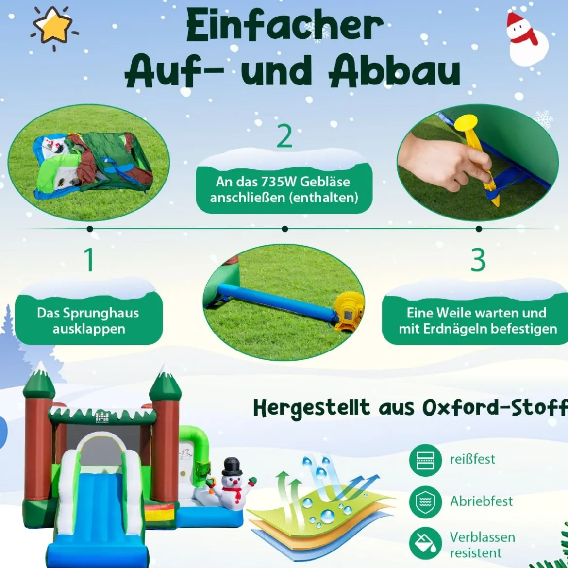 Aufblasbare Hüpfburg für Kinder mit Rutsche Bällebad Basketballkorb & Wurflöchern Spielparadies im Wintermotiv mit 735-W-Luftgebläse