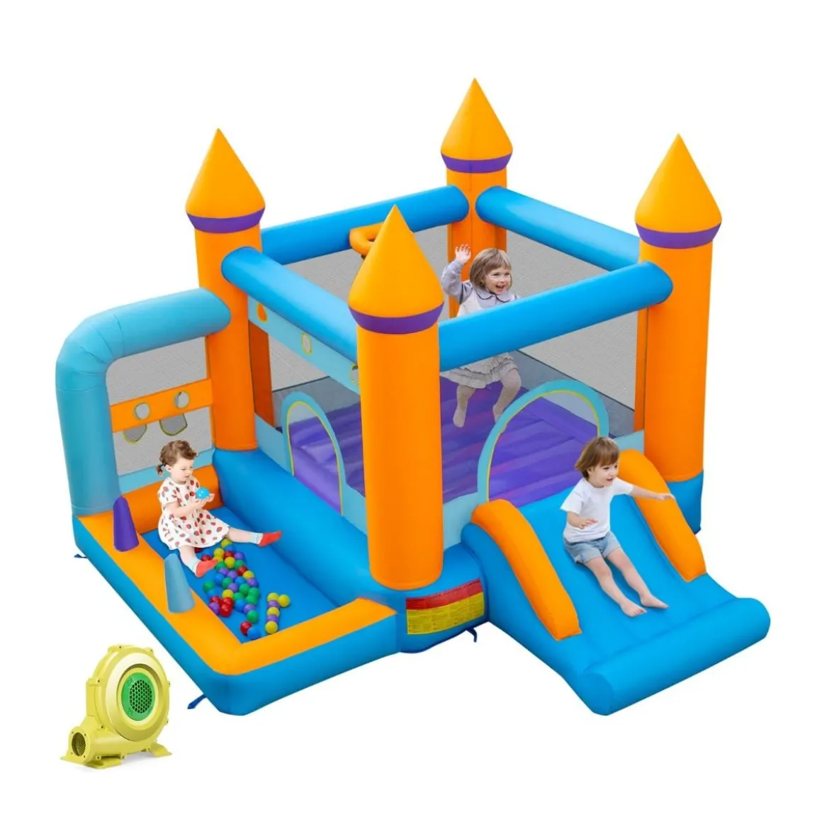 Aufblasbare Hüpfburg für Kinder mit Bällebad & Rutsche & Ringwurfspiel Inklusive 735W Gebläse