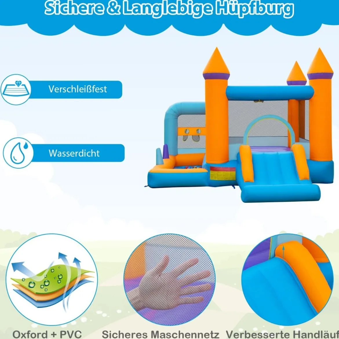 Aufblasbare Hüpfburg für Kinder mit Bällebad & Rutsche & Ringwurfspiel Inklusive 735W Gebläse