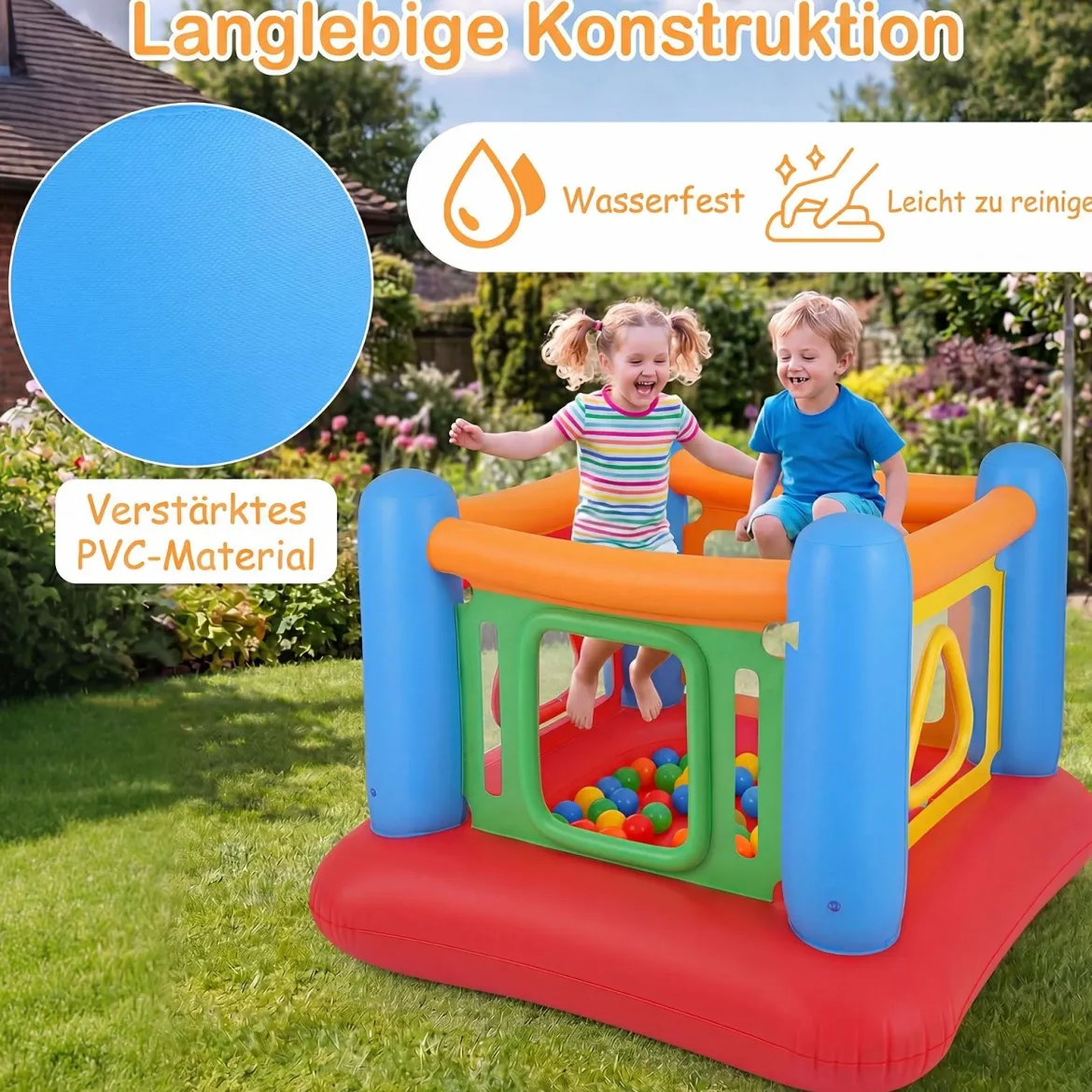 Aufblasbare Hüpfburg 3 in 1 Spielburg Bällebad & Laufstall Trampoline mit 4 Türen 160 x 160 x 125 cm Blau