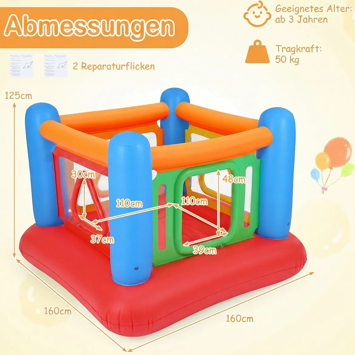 Aufblasbare Hüpfburg 3 in 1 Spielburg Bällebad & Laufstall Trampoline mit 4 Türen 160 x 160 x 125 cm Blau