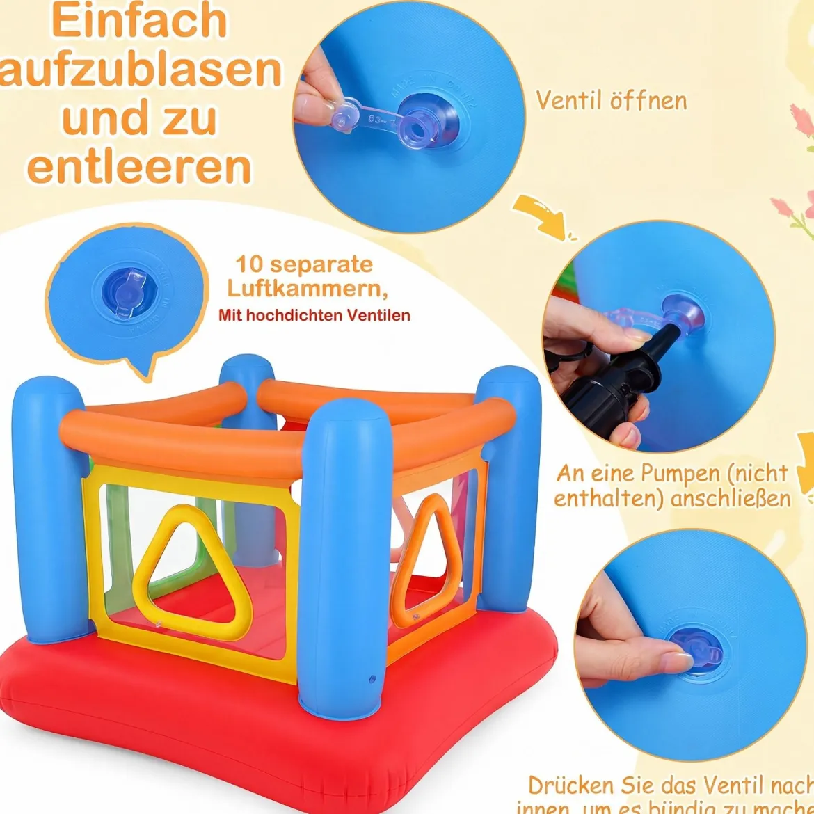 Aufblasbare Hüpfburg 3 in 1 Spielburg Bällebad & Laufstall Trampoline mit 4 Türen 160 x 160 x 125 cm Blau