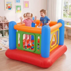 Aufblasbare Hüpfburg 3 in 1 Spielburg Bällebad & Laufstall Trampoline mit 4 Türen 160 x 160 x 125 cm Blau