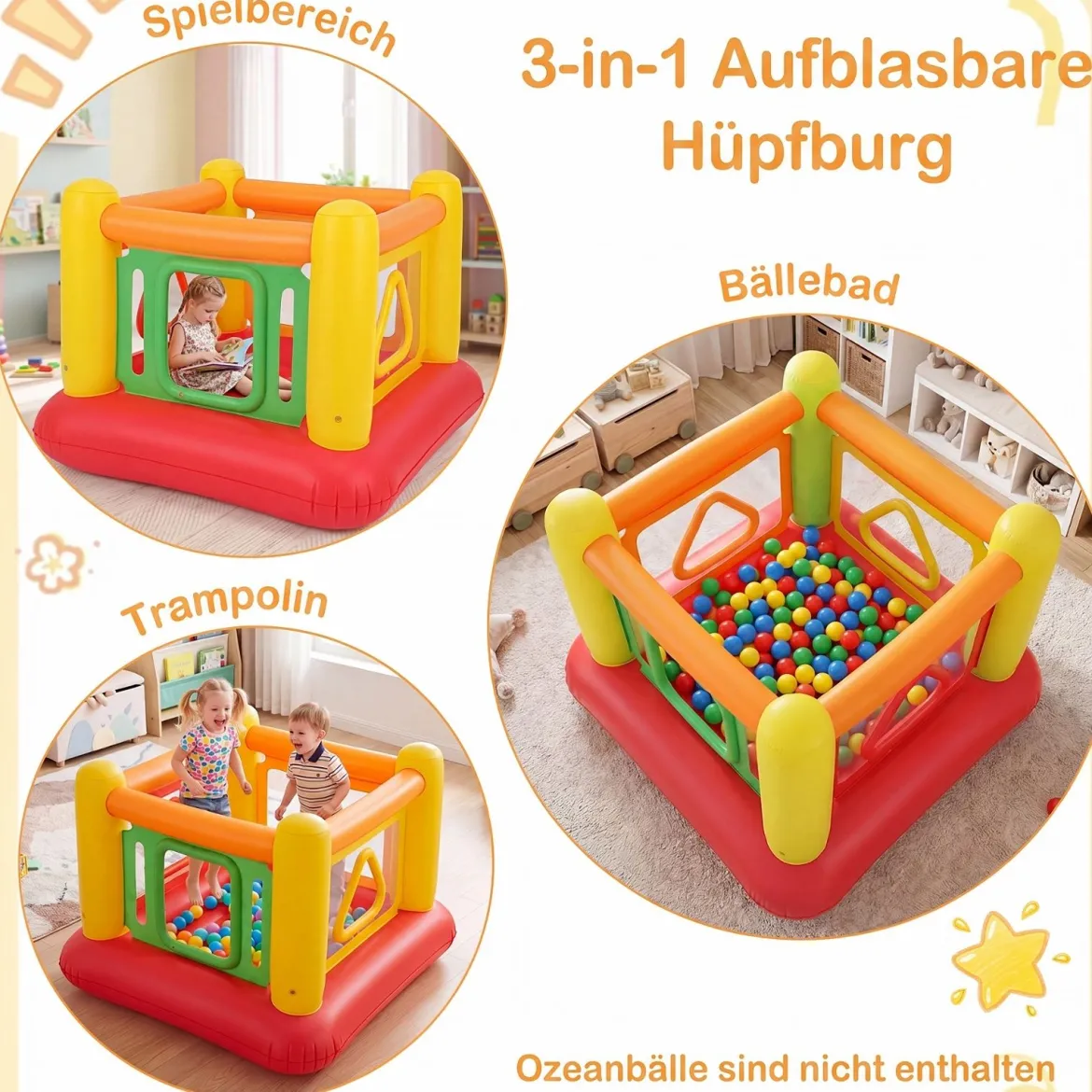 Aufblasbare Hüpfburg 3 in 1 Spielburg Bällebad & Laufstall Trampoline mit 4 Türen 160 x 160 x 125 cm Rot