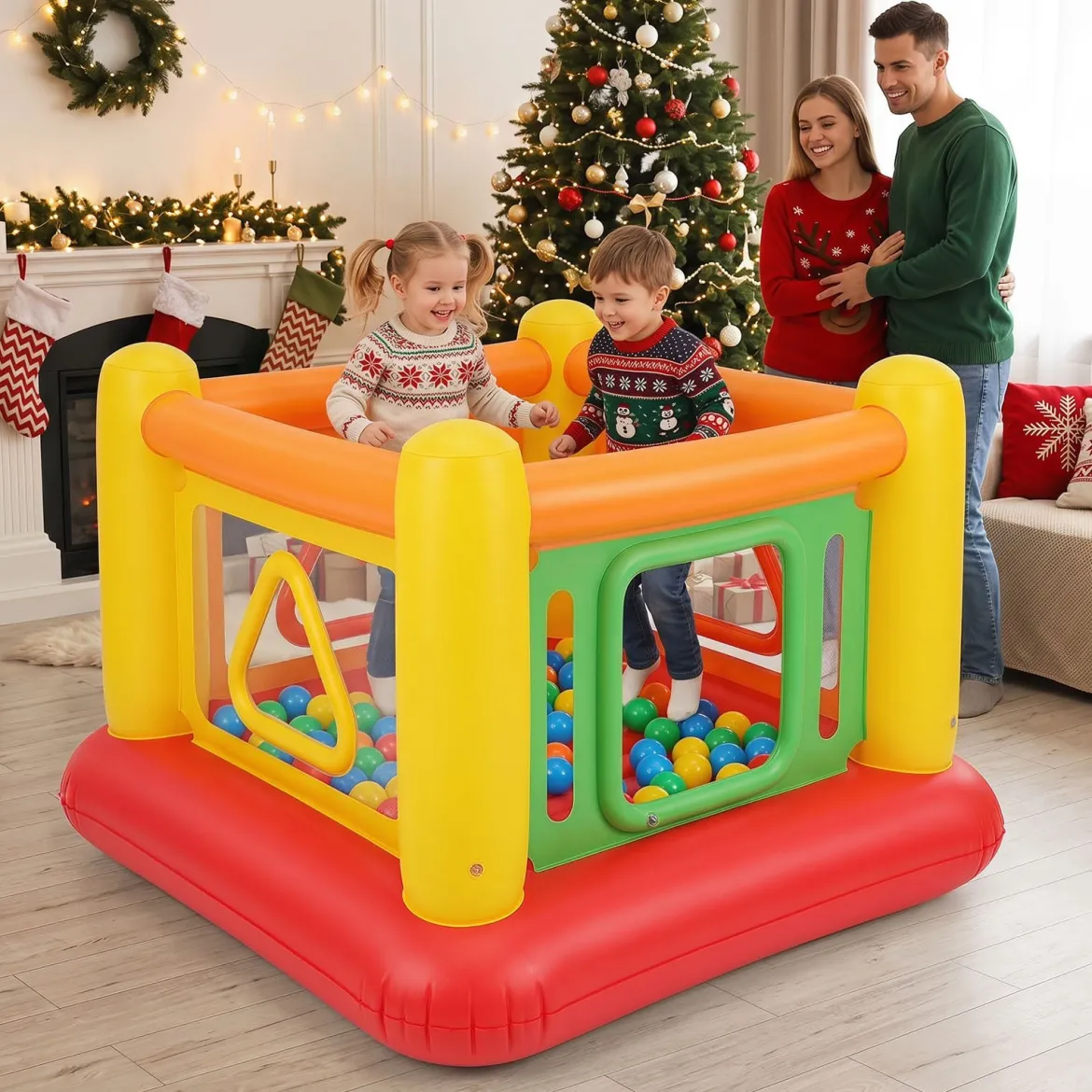 Aufblasbare Hüpfburg 3 in 1 Spielburg Bällebad & Laufstall Trampoline mit 4 Türen 160 x 160 x 125 cm Rot