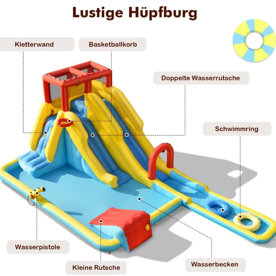 Aufblasbare Hüpfburg mit Langen Doppelrutschen Kletterwand und Wasserkanone 622 x 335 x 225 cm (Nur Hüpfburg)