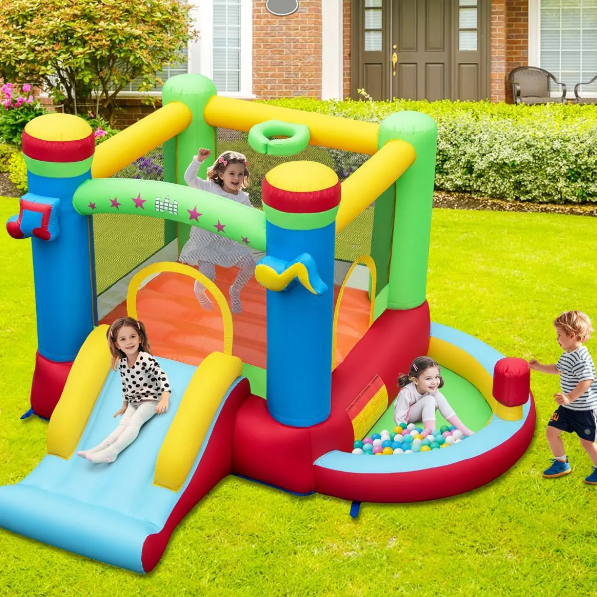 Aufblasbare Hüpfburg mit Rutsche & Sprungbereich & Basketballkorb Spielburg