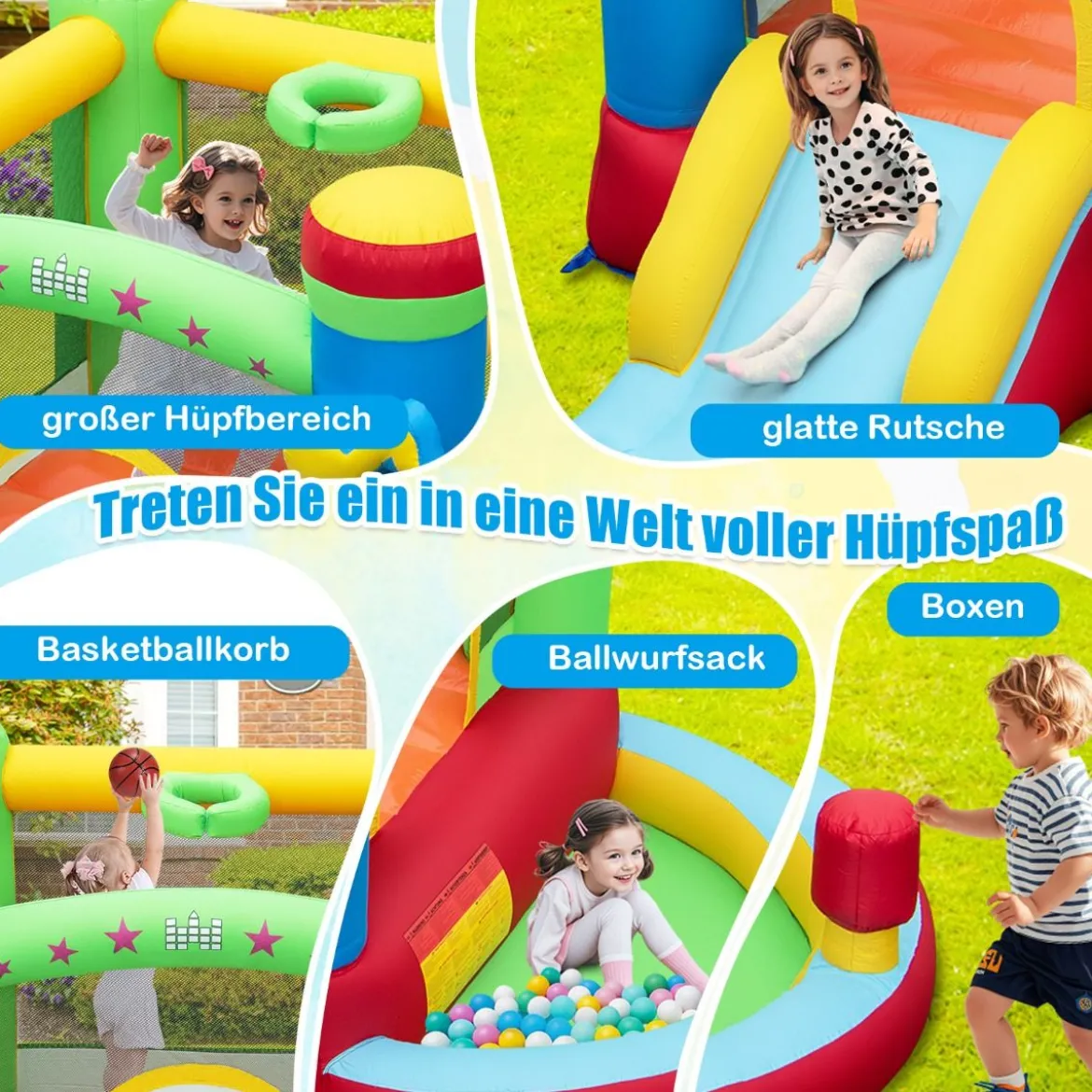 Aufblasbare Hüpfburg mit Rutsche & Sprungbereich & Basketballkorb Spielburg