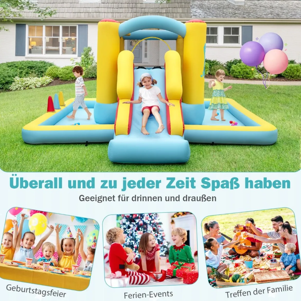 Aufblasbare Hüpfburg mit Rutsche & Tunnel & Basketballkorb & Ringwurfspiel Riesenschloss
