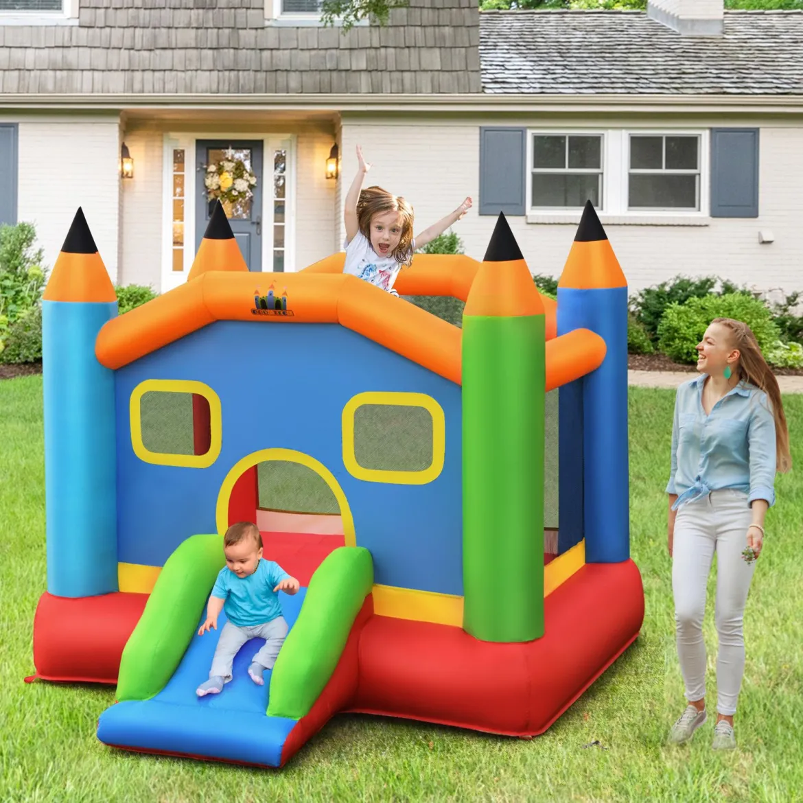 Aufblasbare Hüpfburg mit Rutsche Springburg Aufblasbares Trampolin Spielburg Outdoor 273x273x228cm