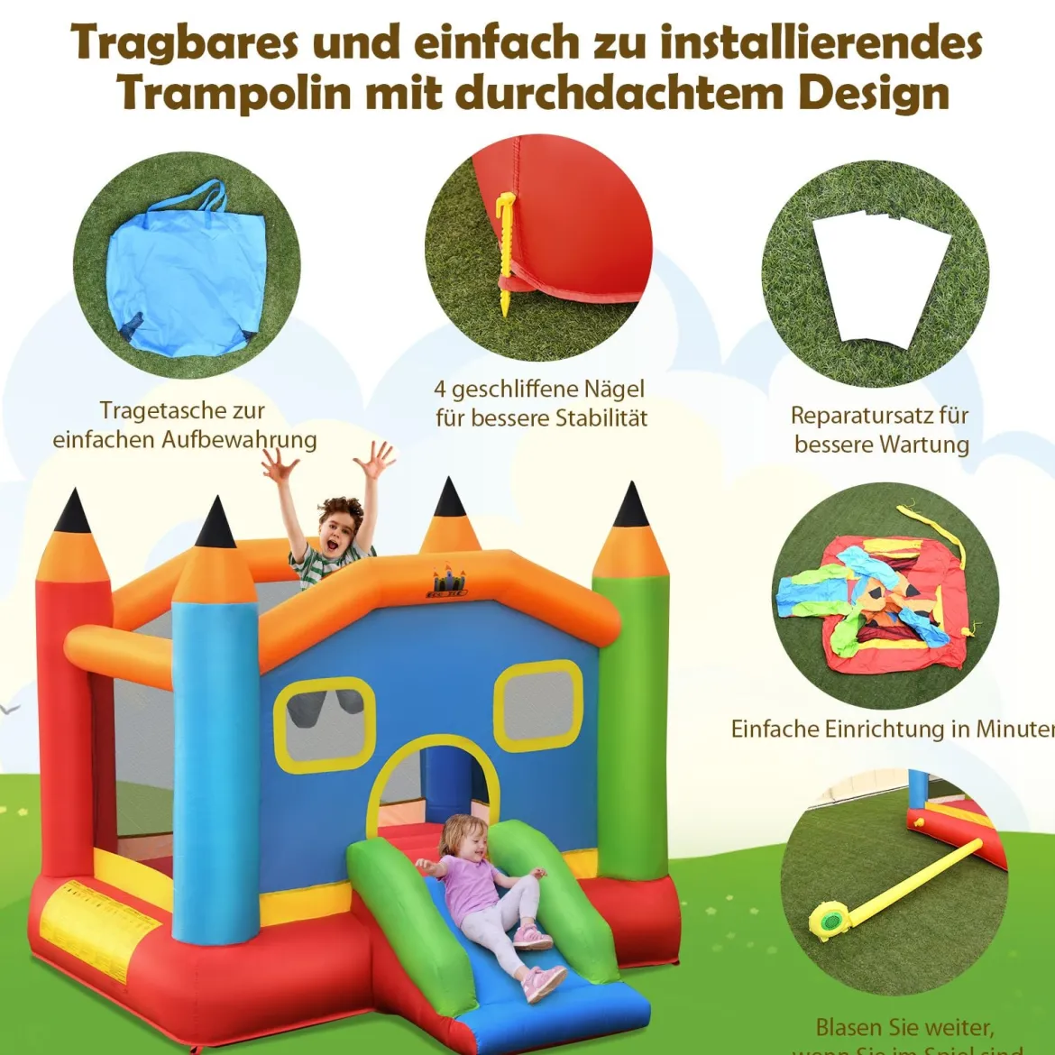 Aufblasbare Hüpfburg mit Rutsche Springburg Aufblasbares Trampolin Spielburg Outdoor 273x273x228cm