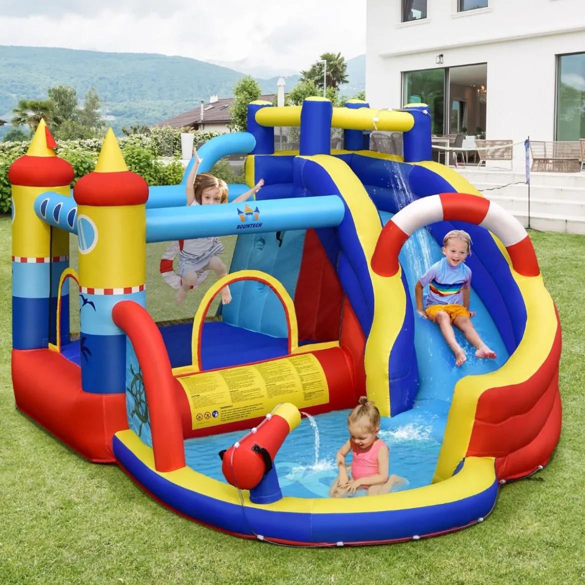 Aufblasbare Hüpfburg mit 550W Gebläse 6-in-1 Wasserpark mit Rutsche Planschbecken & Wasserkanone
