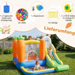 Aufblasbare Hüpfburg Spielburg mit Rutsche + 550W Hüpfburge-Gebläse mit Griff &amp Set