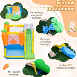 Aufblasbare Hüpfburg Spielburg mit Rutsche + 550W Hüpfburge-Gebläse mit Griff & Set