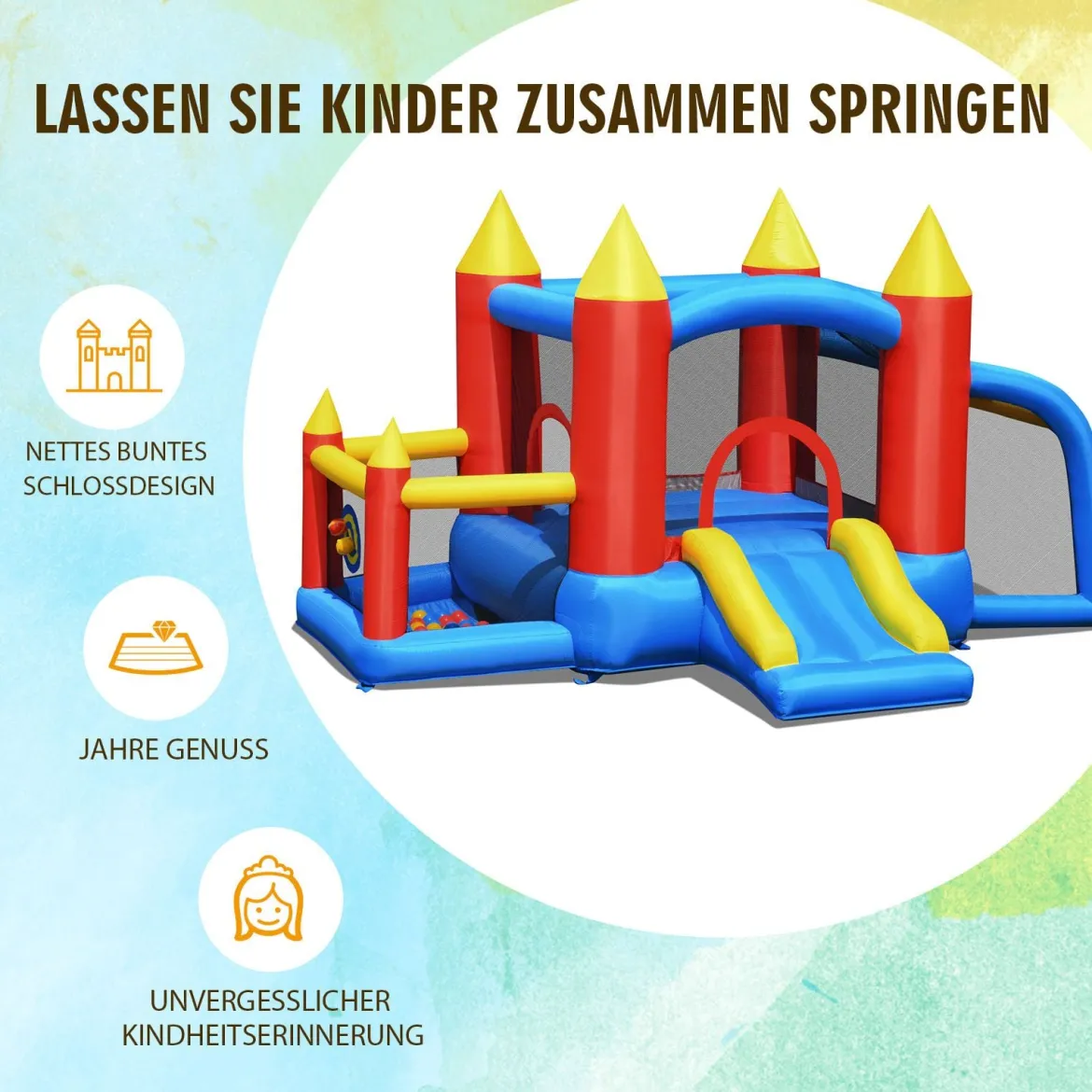Aufblasbare Hüpfburg +450W Gebläse mit Rutsche Ozeanbälle 350 x 275 x 196 cm Bunt