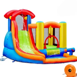 Aufblasbare Hüpfburg + 450W Gebläse mit Wasserrutsche Hüpfschloss Spielpool 274 x 320 x 213 cm Bunt