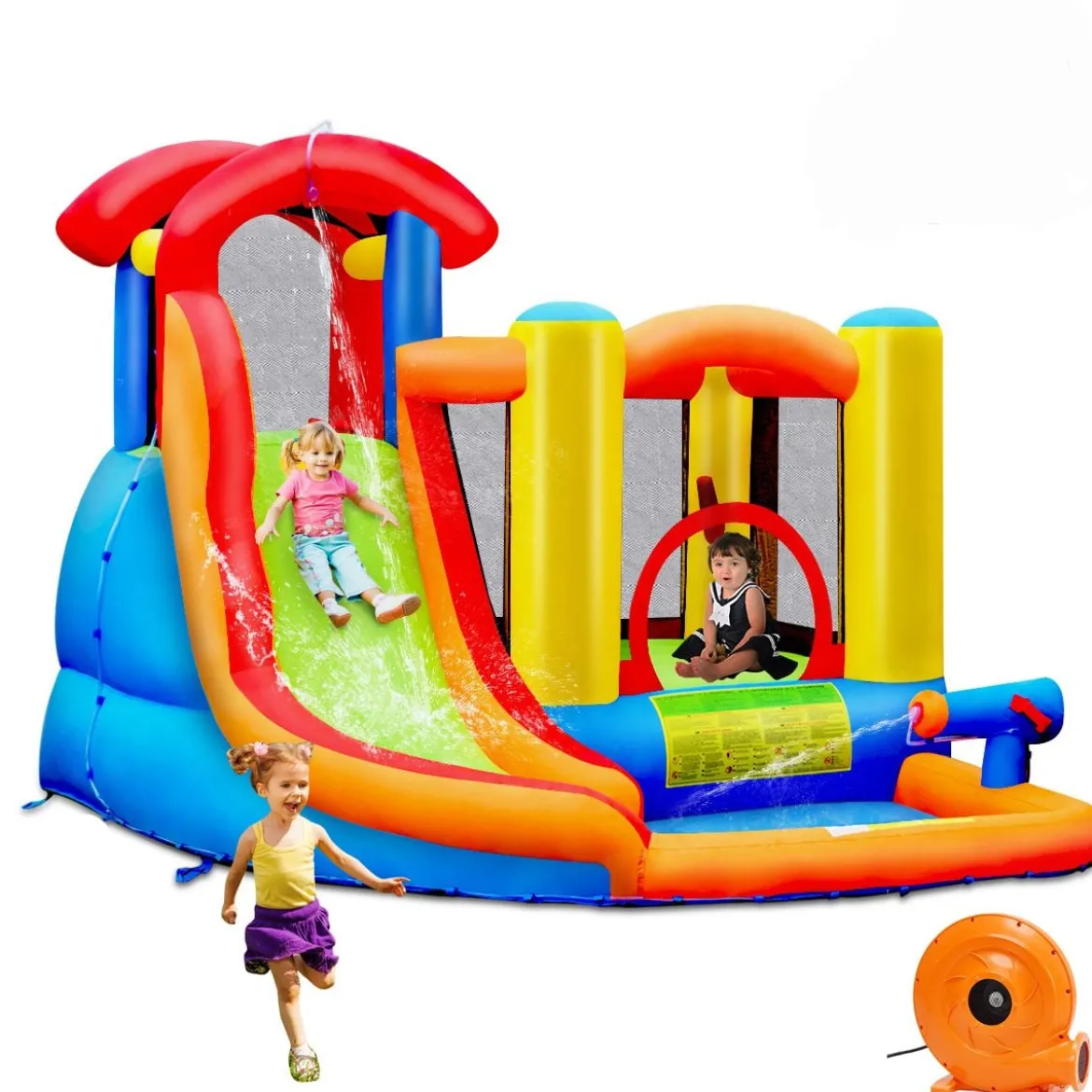 Aufblasbare Hüpfburg + 450W Gebläse mit Wasserrutsche Hüpfschloss Spielpool 274 x 320 x 213 cm Bunt