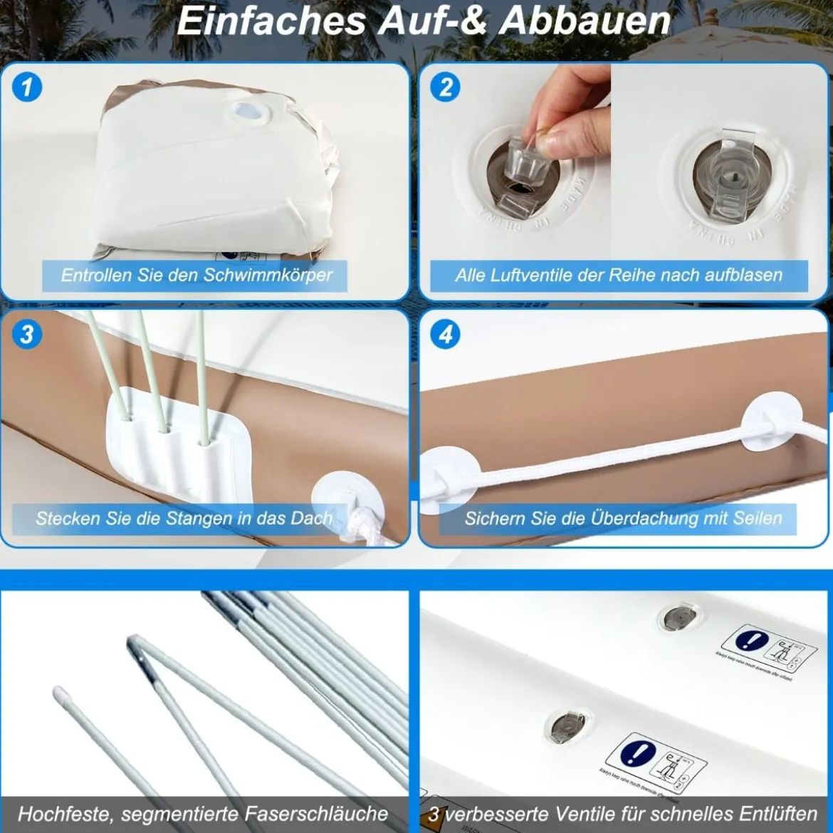 Aufblasbare Pool-Plattform mit Einziehbarer & Abnehmbarer Überdachung 180 x 180 x 160 cm