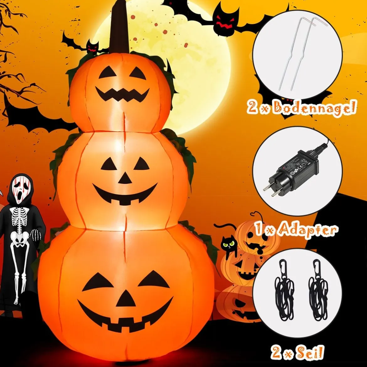 180 Aufblasbarer Halloween Kürbis 3 Stapel Kürbis mit LED-Innenbeleuchtung