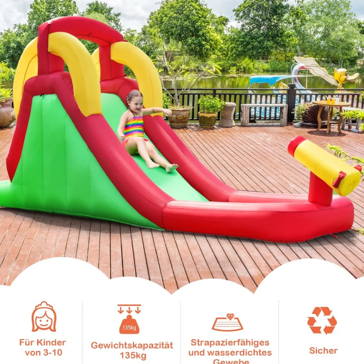 Aufblasbarer Hüpfburg-Wasserrutschen-Park Spielpool Rutsche 470 x 120 x 242 cm Grün + Rot + Gelb