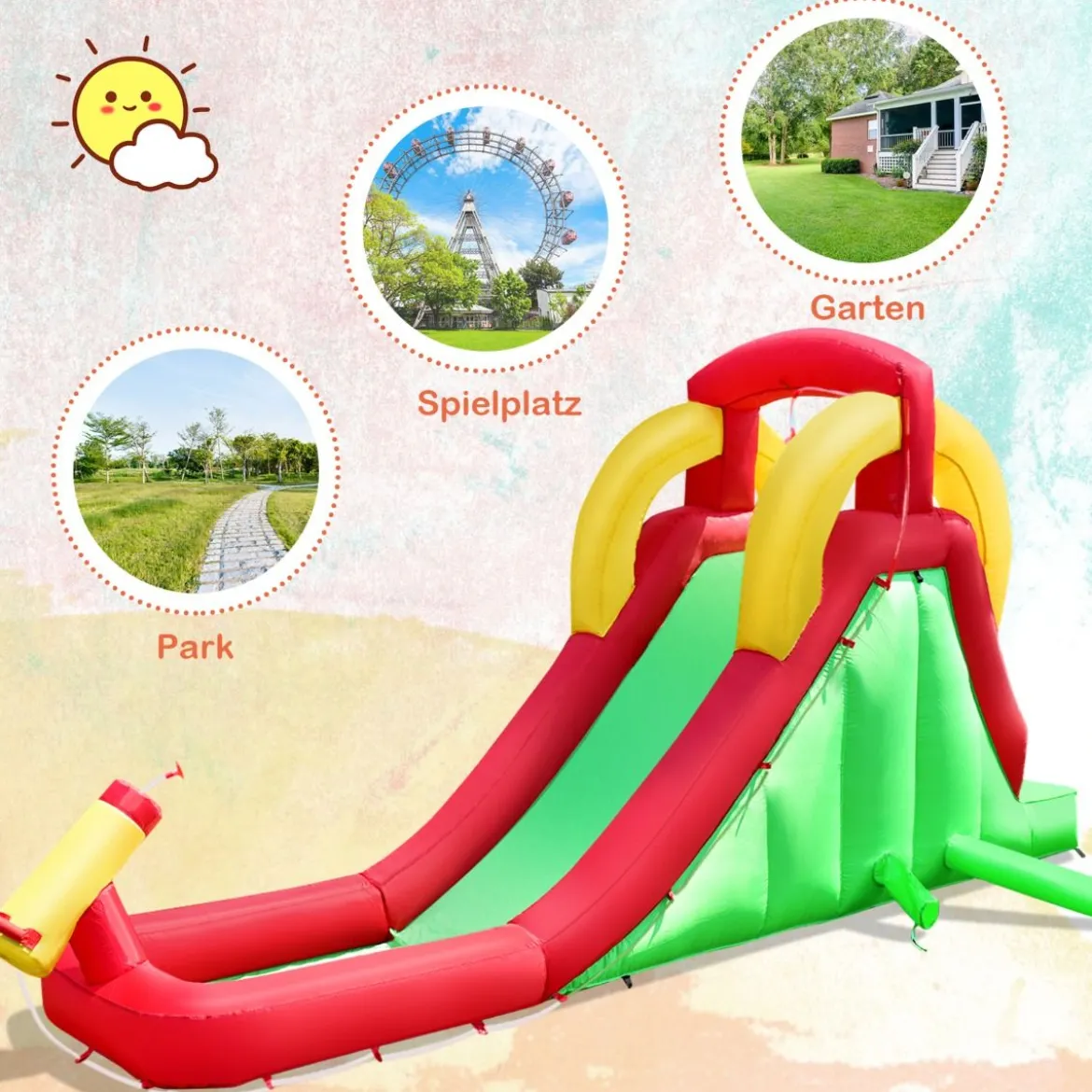 Aufblasbarer Hüpfburg-Wasserrutschen-Park Spielpool Rutsche 470 x 120 x 242 cm Grün + Rot + Gelb
