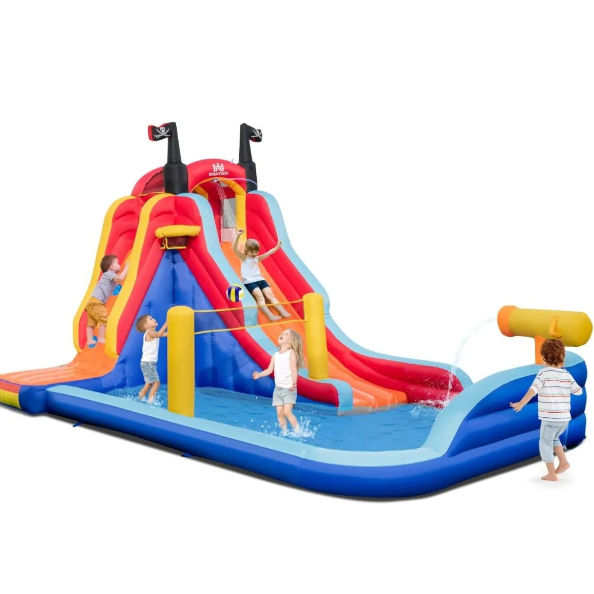 Aufblasbarer 5 in 1 Wasserpark im Piratenthema mit Rutsche Planschbecken Basketballkorb & Kletterwand ohne Gebläse